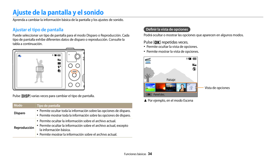 Samsung EC-WB30FZBPPIL manual Ajuste de la pantalla y el sonido, Ajustar el tipo de pantalla, Definir la vista de opciones 