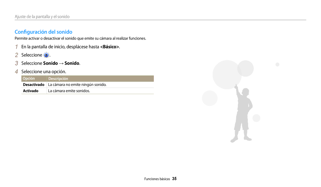 Samsung EC-WB30FZBPBE1 manual Configuración del sonido, La cámara no emite ningún sonido, Activado La cámara emite sonidos 