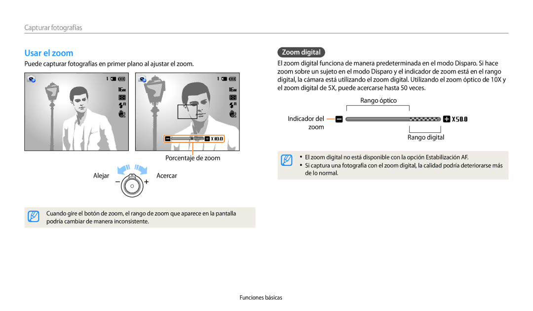 Samsung EC-WB30FZBPRE1, EC-WB30FZBPBE1 manual Usar el zoom, Zoom digital, Rango óptico Indicador del zoom Rango digital 