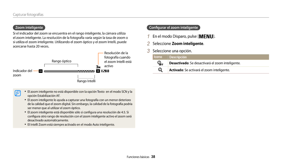 Samsung EC-WB30FZBPLIL manual En el modo Disparo, pulse, Seleccione Zoom inteligente, Configurar el zoom inteligente 