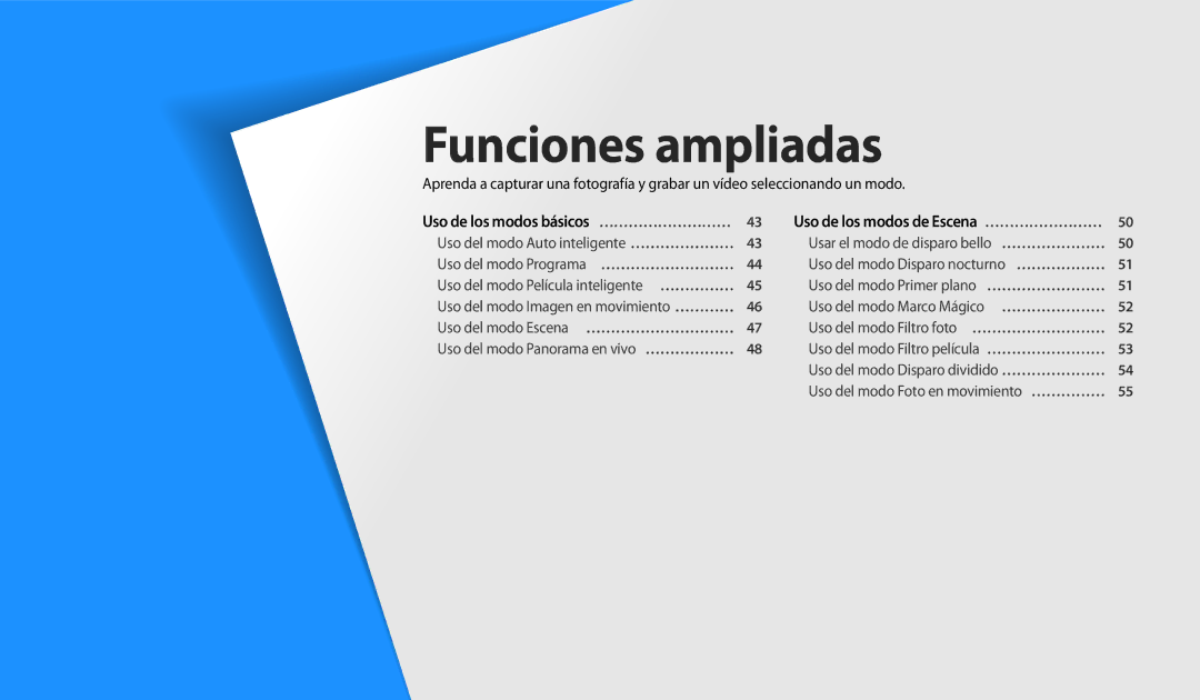 Samsung EC-WB30FZBPRIL, EC-WB30FZBPBE1, EC-WB30FZBPWE1 manual Funciones ampliadas, Uso de los modos básicos … ……………………… 