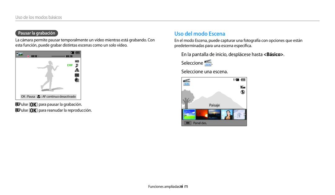 Samsung EC-WB30FZBPBE1, EC-WB30FZBPWE1 manual Uso del modo Escena, Pausar la grabación, Pulse Para pausar la grabación 