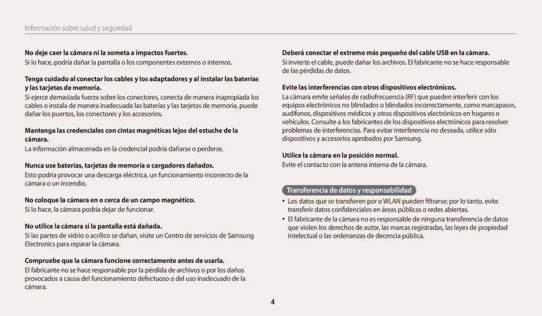 Samsung EC-WB30FZBPWIL Transferencia de datos y responsabilidad, No deje caer la cámara ni la someta a impactos fuertes 