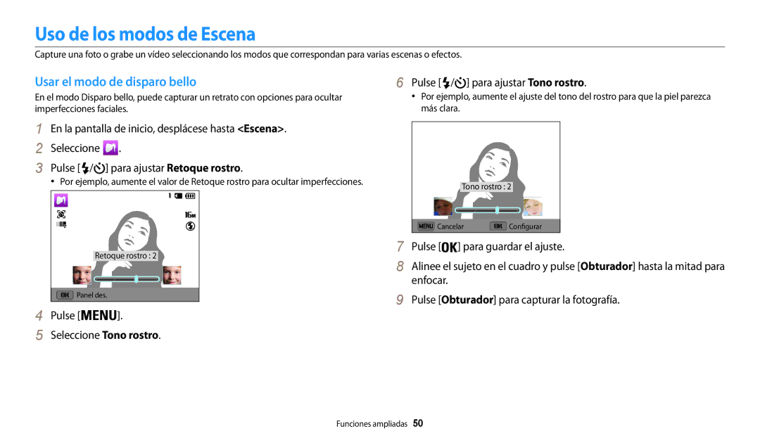 Samsung EC-WB30FZBPLIL, EC-WB30FZBPBE1, EC-WB30FZBPWE1 manual Uso de los modos de Escena, Usar el modo de disparo bello 