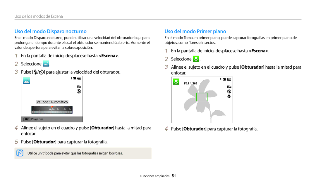 Samsung EC-WB30FZBPBIL, EC-WB30FZBPBE1, EC-WB30FZBPWE1 manual Uso del modo Disparo nocturno, Uso del modo Primer plano 