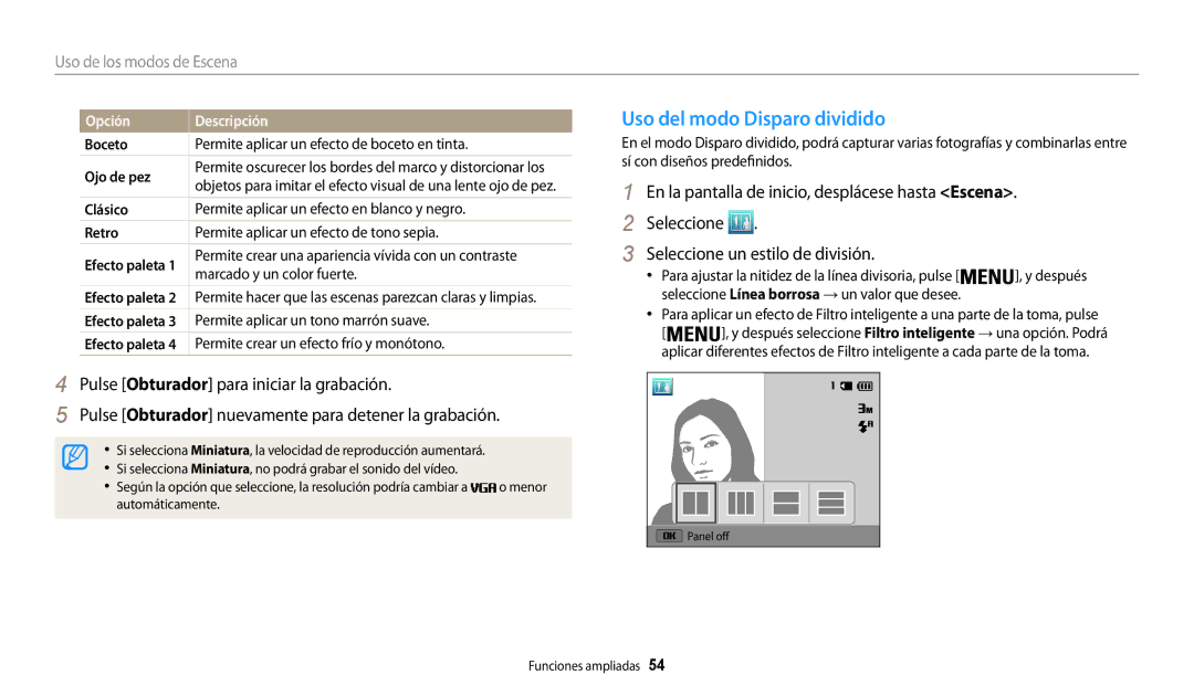 Samsung EC-WB30FZBPRIL, EC-WB30FZBPBE1, EC-WB30FZBPWE1, EC-WB30FZBPRE1, EC-WB30FZBPLIL Uso del modo Disparo dividido, Boceto 