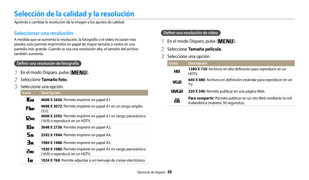 Samsung EC-WB30FZBPPIL Selección de la calidad y la resolución, Seleccionar una resolución, Seleccione Tamaño película 