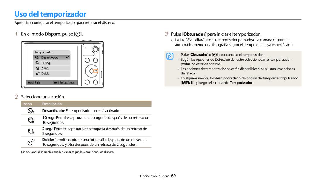 Samsung EC-WB30FZBPWE1, EC-WB30FZBPBE1 manual Uso del temporizador, Pulse Obturador para iniciar el temporizador, Segundos 