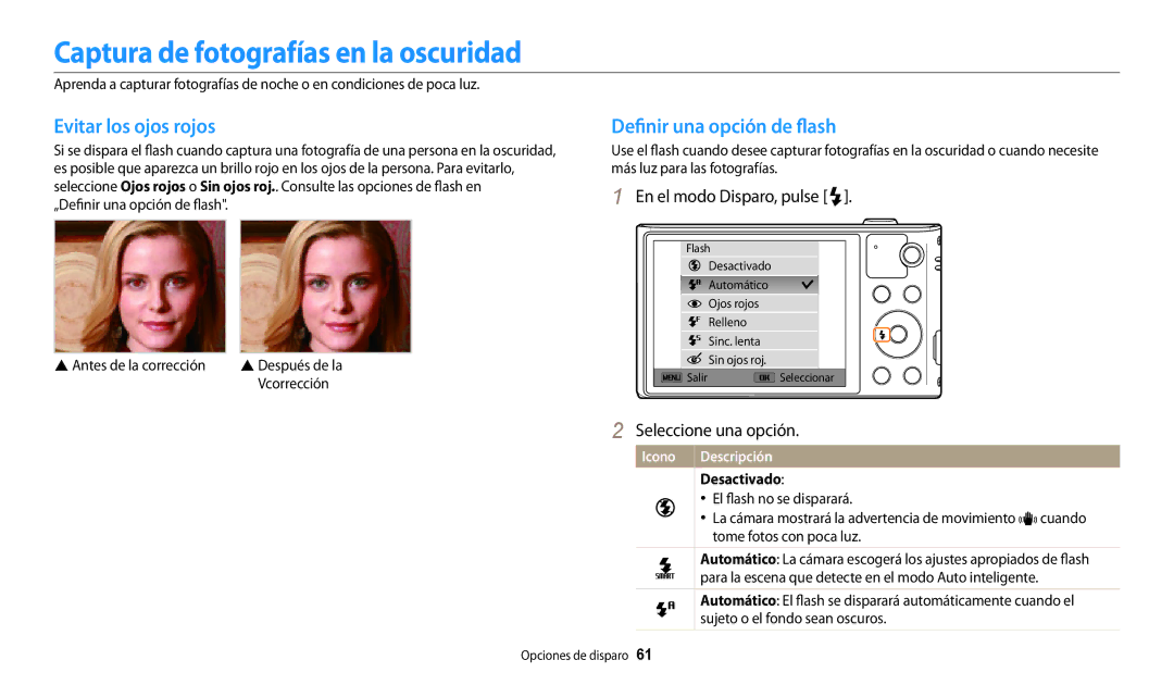 Samsung EC-WB30FZBPRE1 manual Captura de fotografías en la oscuridad, Evitar los ojos rojos, Definir una opción de flash 