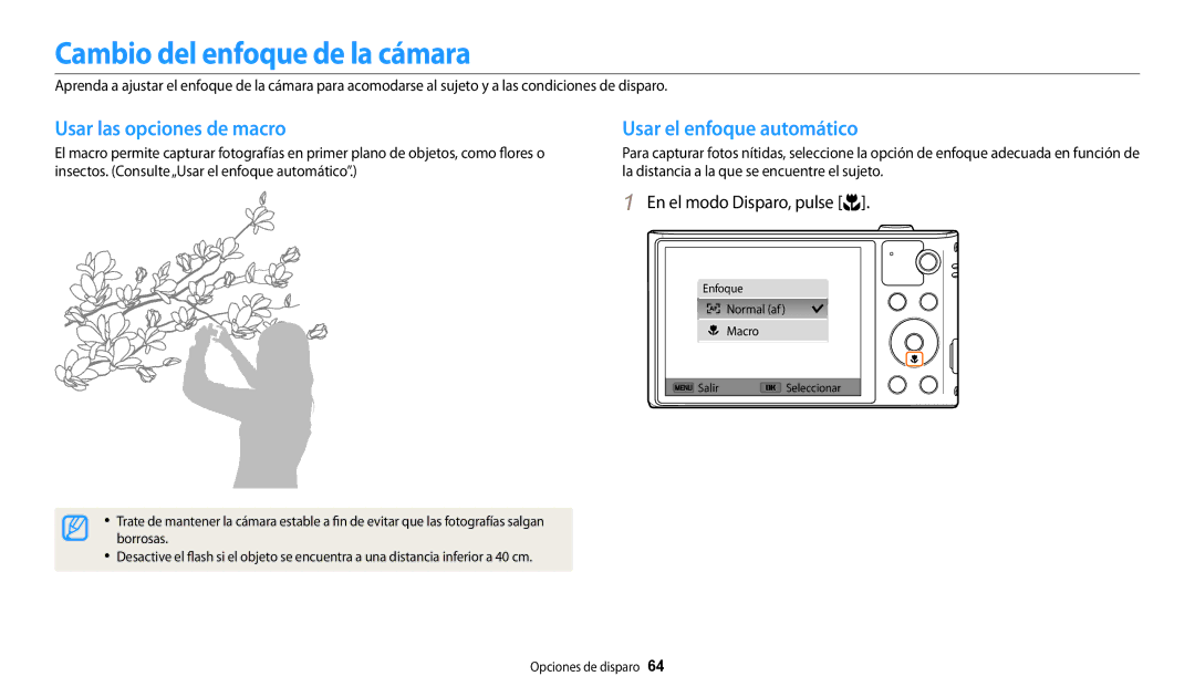 Samsung EC-WB30FZBPWIL manual Cambio del enfoque de la cámara, Usar las opciones de macro, Usar el enfoque automático 