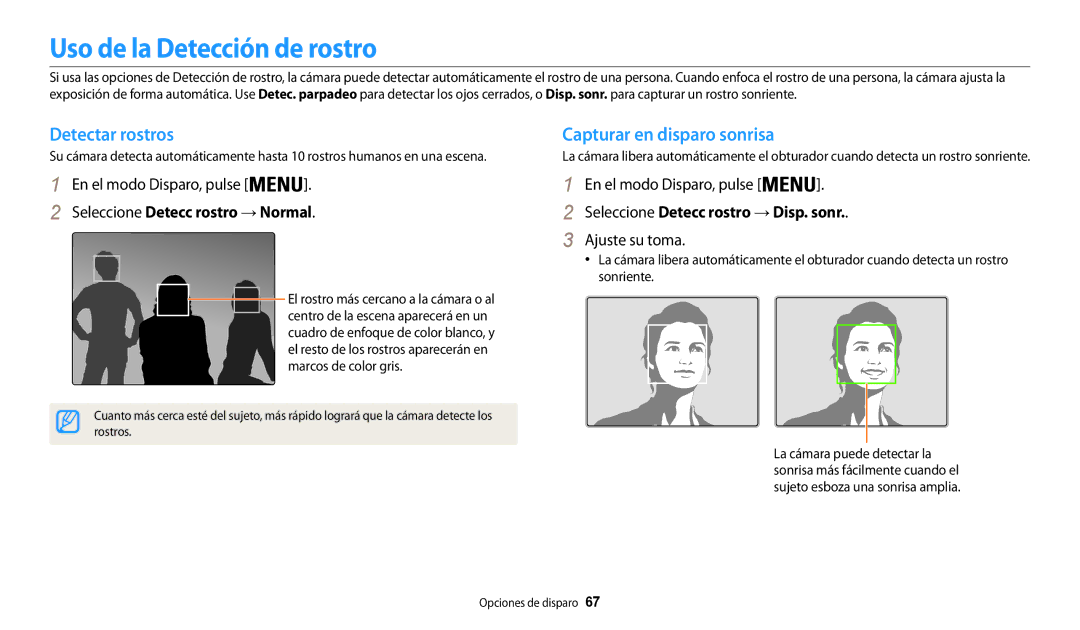 Samsung EC-WB31FZBPWE1, EC-WB30FZBPBE1 manual Uso de la Detección de rostro, Detectar rostros, Capturar en disparo sonrisa 