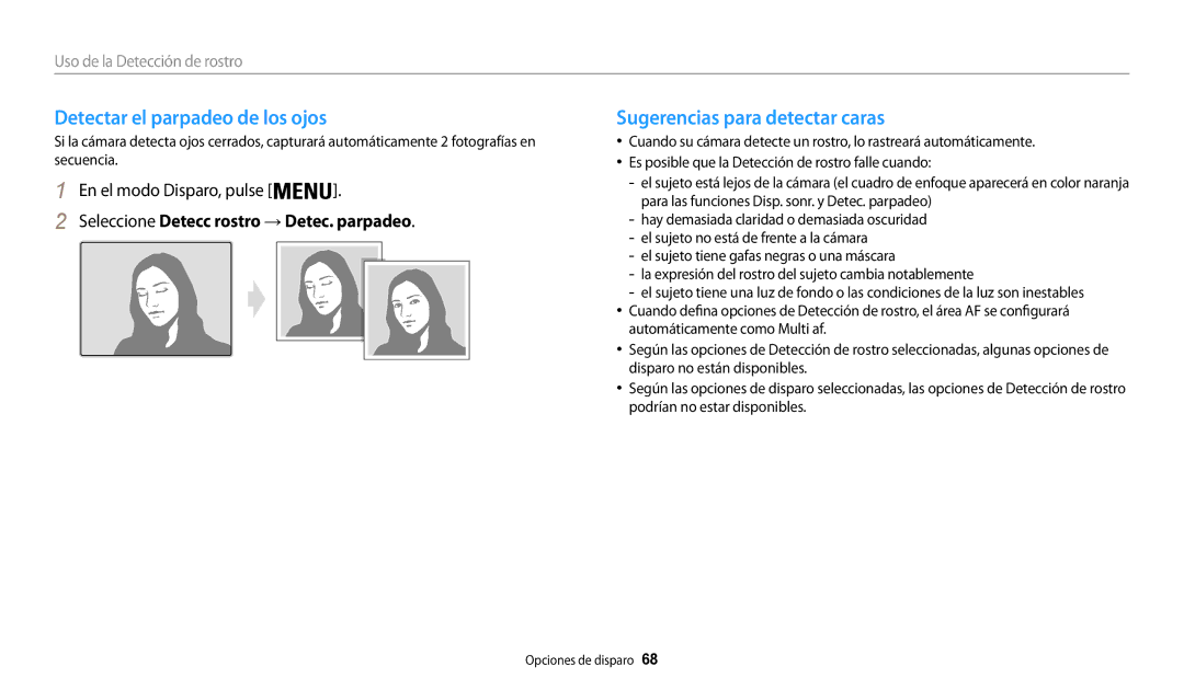 Samsung EC-WB31FZBPLE1, EC-WB30FZBPBE1, EC-WB30FZBPWE1 Detectar el parpadeo de los ojos, Sugerencias para detectar caras 