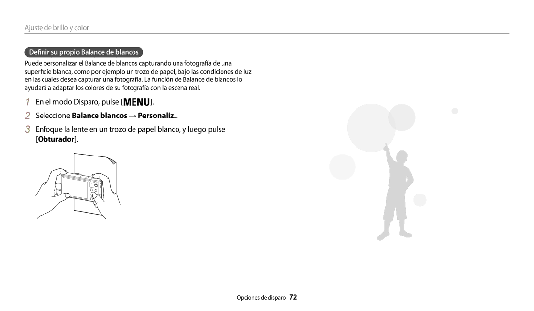 Samsung EC-WB30FZBPWE1 manual Seleccione Balance blancos → Personaliz, Obturador, Definir su propio Balance de blancos 