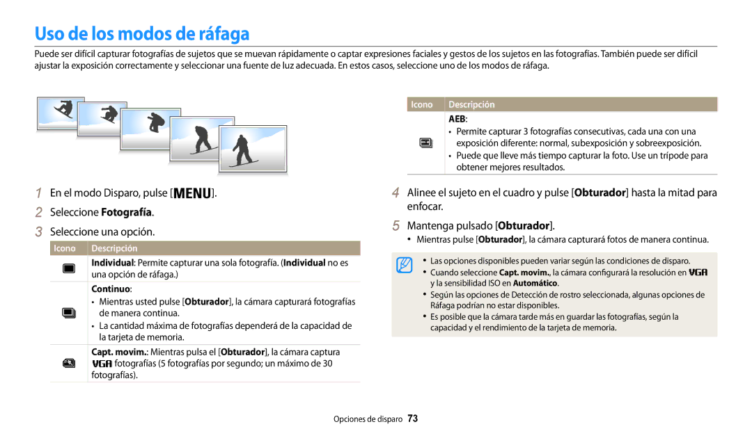 Samsung EC-WB30FZBPRE1 Uso de los modos de ráfaga, Seleccione Fotografía Seleccione una opción, Continuo, Fotografías 