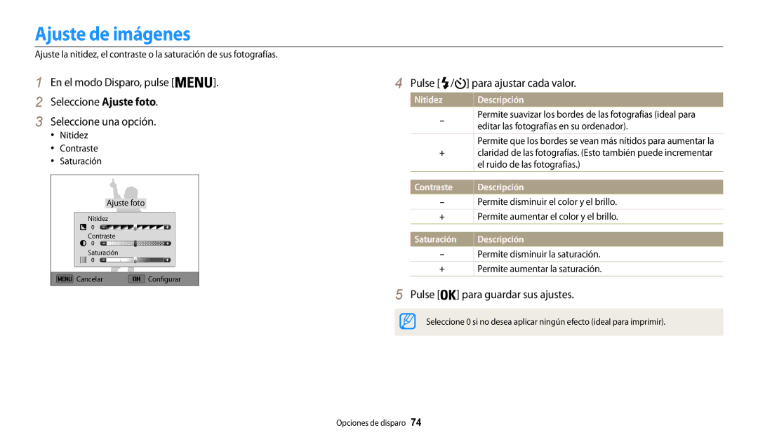 Samsung EC-WB30FZBPLIL, EC-WB30FZBPBE1 Ajuste de imágenes, Pulse / para ajustar cada valor, Pulse para guardar sus ajustes 