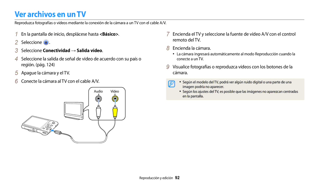 Samsung EC-WB31FZBPLE1, EC-WB30FZBPBE1, EC-WB30FZBPWE1 manual Ver archivos en un TV, Seleccione Conectividad → Salida vídeo 