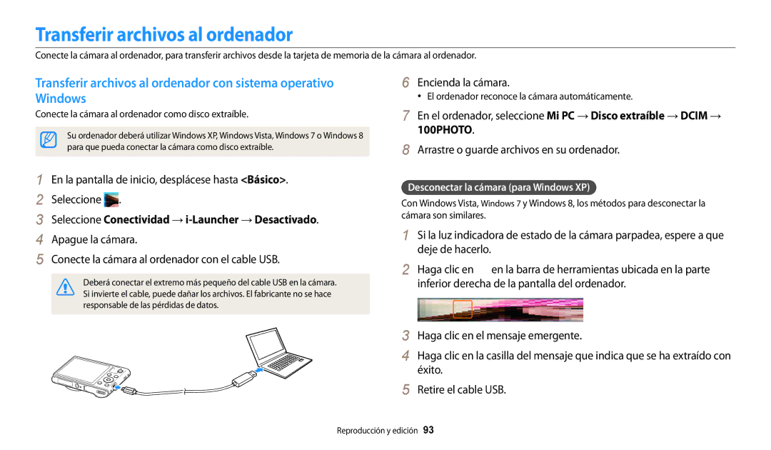 Samsung EC-WB31FZBPBE1 manual Transferir archivos al ordenador, Seleccione Conectividad → i-Launcher → Desactivado 