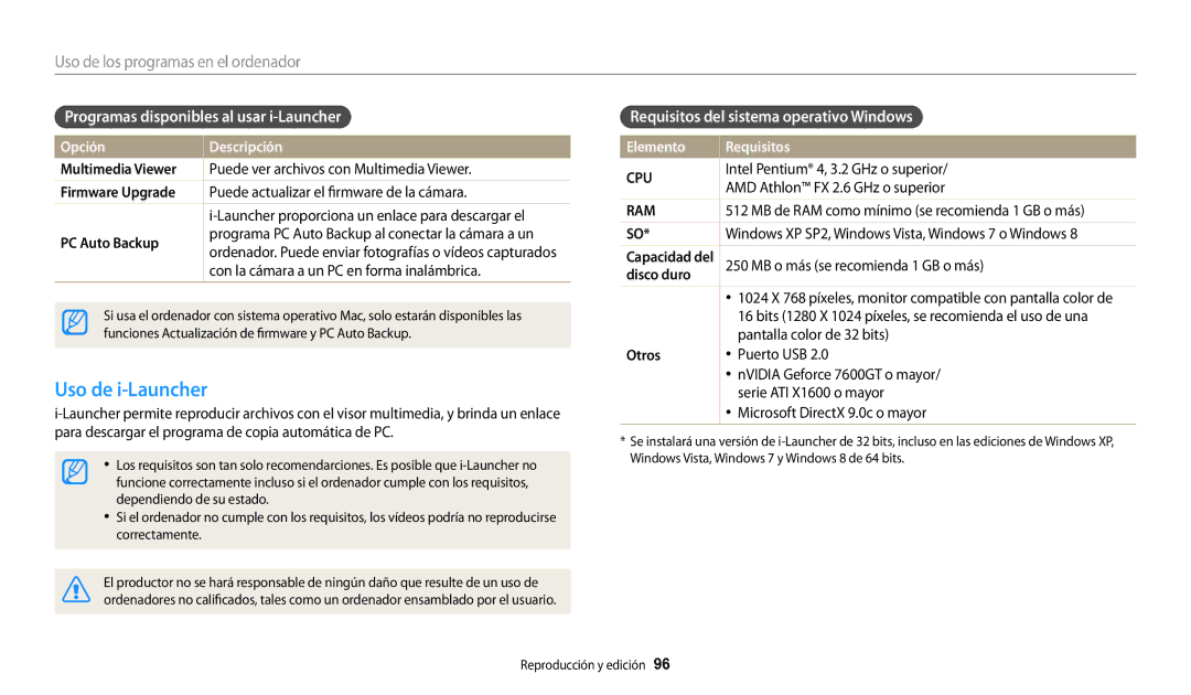 Samsung EC-WB30FZBPWE1, EC-WB30FZBPBE1 Uso de i-Launcher, Programas disponibles al usar i-Launcher, Elemento Requisitos 