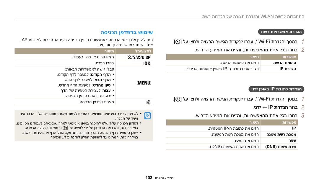 Samsung EC-WB30FZBPBIL הסינכה ןפדפדב שומיש, לע וצחלו היוצרה השיגה תדוקנל ורבע ,’ Wi-Fi תרדגה‘ ךסמב1, ינדי ← IP תרדגה רחב2 