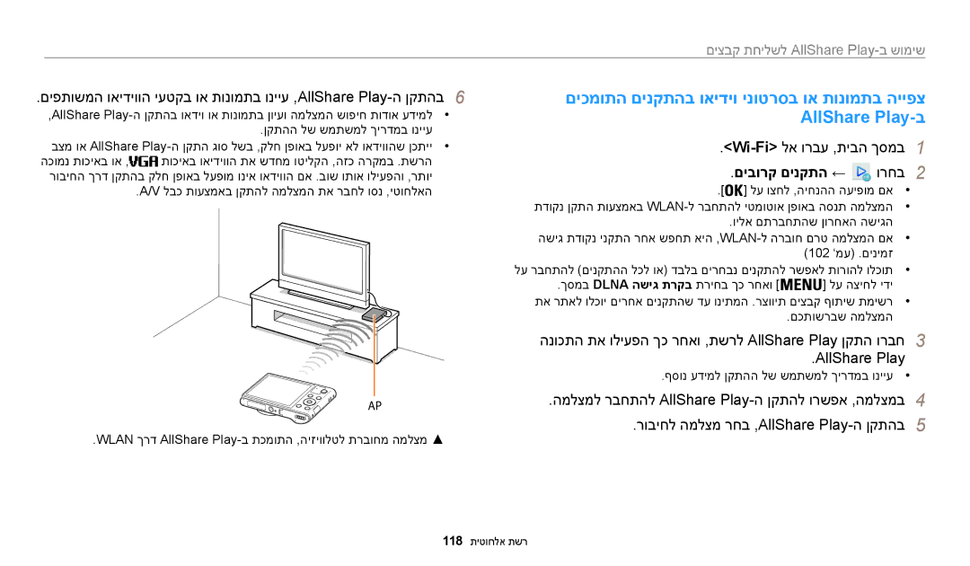 Samsung EC-WB30FZBPPE1 Wi-Fiלא ורבע ,תיבה ךסמב1, םיבורק םינקתה ←, הנוכתה תא וליעפה ךכ רחאו ,תשרל AllShare Play ןקתה ורבח3 