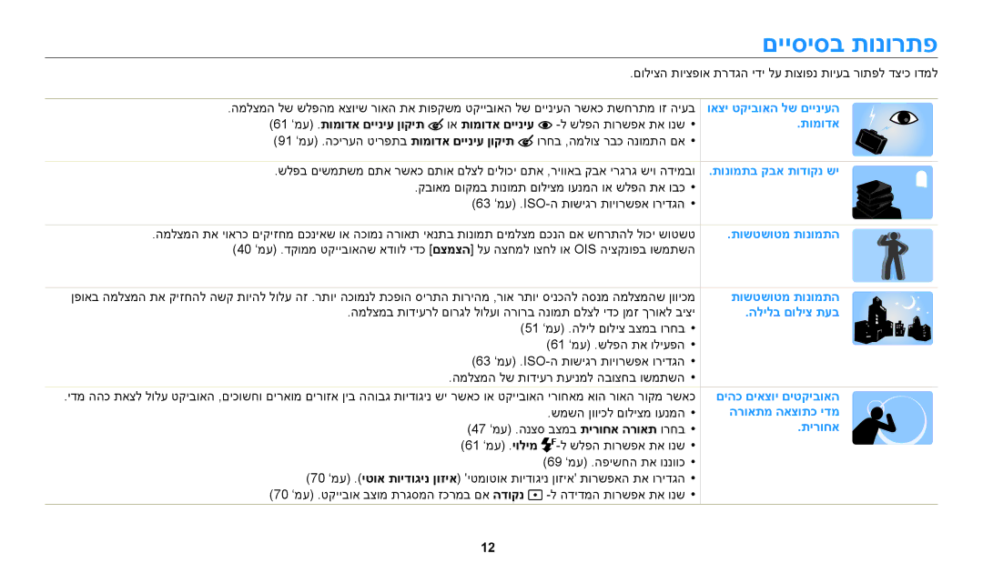 Samsung EC-WB30FZBPLIL, EC-WB30FZBPBE1, EC-WB30FZBPWE1 manual םייסיסב תונורתפ, 61 ’מע .תומודא םייניע ןוקית וא תומודא םייניע 