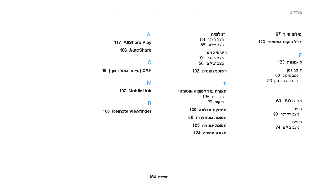 Samsung EC-WB30FZBPWIL, EC-WB30FZBPBE1 manual 88 הגצה בצמ 58 םוליצ בצמ, 91 הגצה בצמ 50 םוליצ בצמ, 126 תורדגה 20 םוקימ 