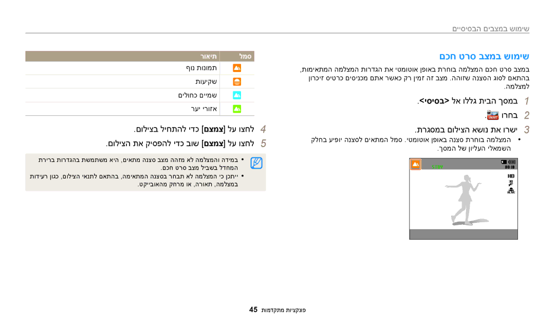 Samsung EC-WB30FZBPLE1, EC-WB30FZBPBE1, EC-WB30FZBPWE1 manual םכח טרס בצמב שומיש, ףונ תונומת תועיקש םילוחכ םיימש רעי ירוזא 