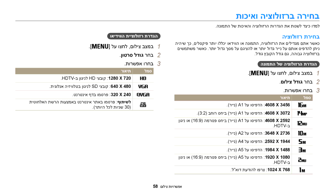 Samsung EC-WB30FZBPPE1, EC-WB30FZBPBE1 manual תוכיאו היצולוזרב הריחב, היצולוזר תריחב, ןוטרס לדוג רחב2, םוליצ לדוג רחב2 