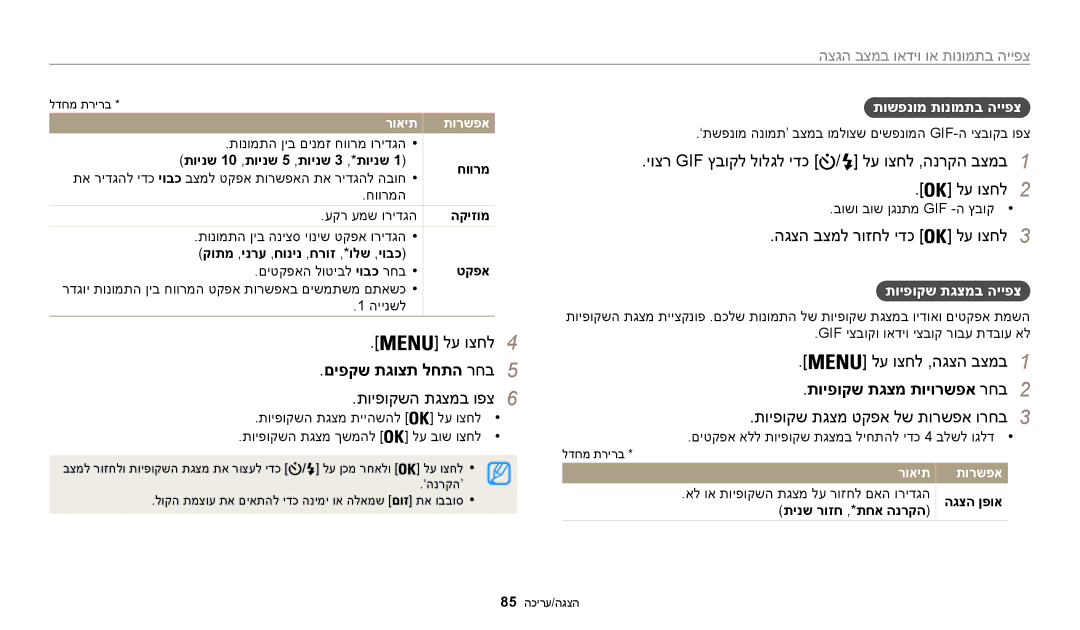 Samsung EC-WB30FZBPLE1, EC-WB30FZBPBE1, EC-WB30FZBPWE1, EC-WB30FZBPRE1 םיפקש תגוצת לחתה רחב5, תויפוקש תגצמ תויורשפא רחב2 