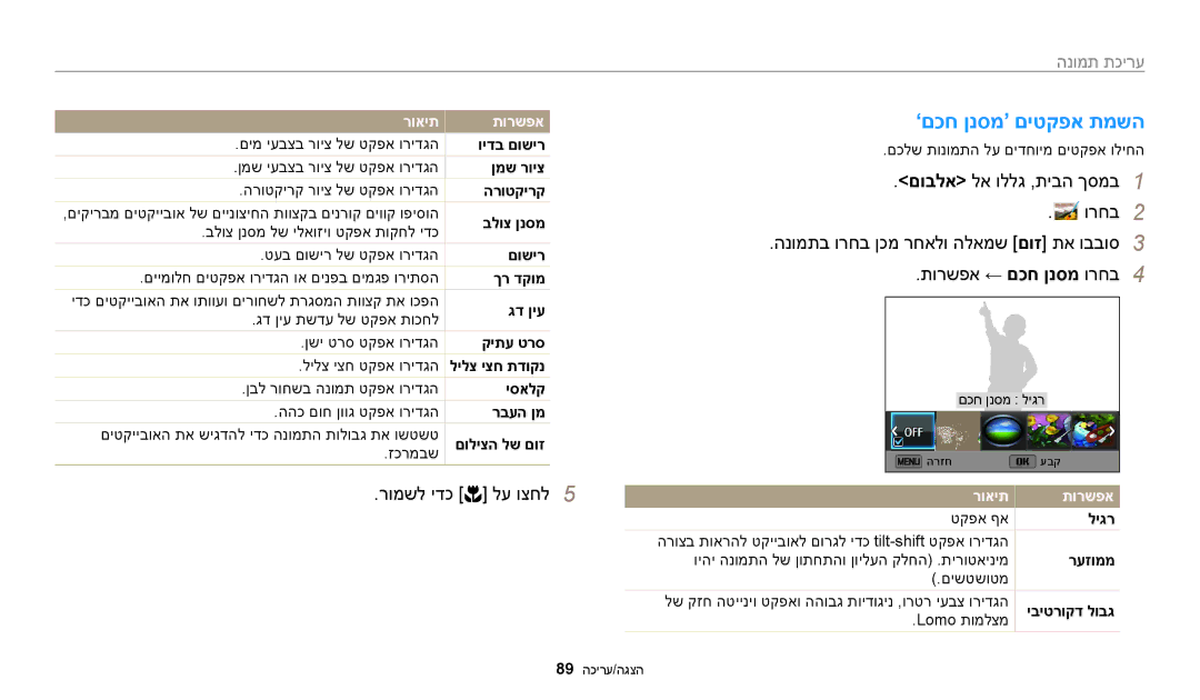 Samsung EC-WB30FZBPBE1, EC-WB30FZBPWE1, EC-WB30FZBPRE1 manual ’םכח ןנסמ‘ םיטקפא תמשה, עריכת תמונה, לילצ יצח תדוקנ, ליגר 