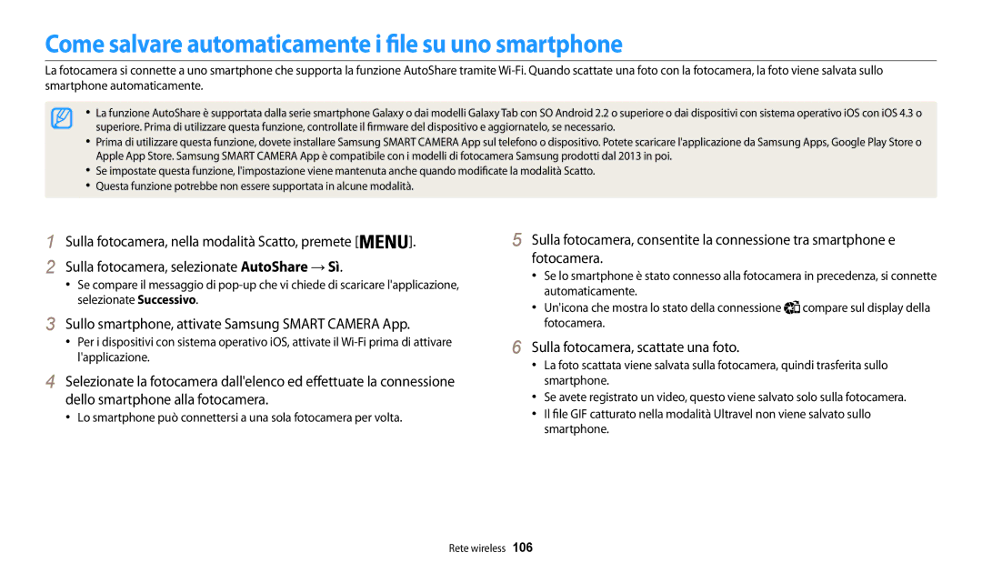 Samsung EC-WB30FZBPWE1 Come salvare automaticamente i file su uno smartphone, Sulla fotocamera, selezionate AutoShare → Sì 