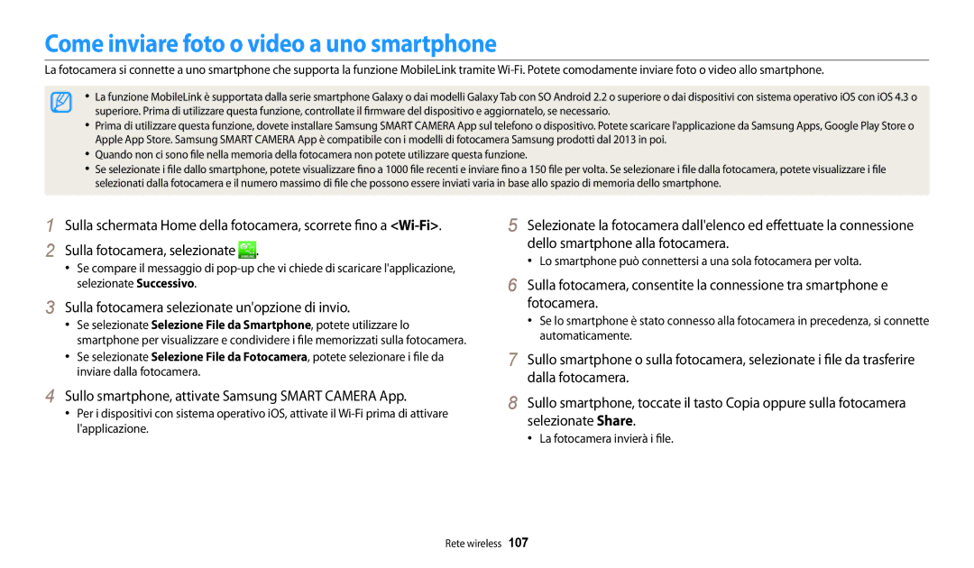 Samsung EC-WB30FZBPBE1 manual Come inviare foto o video a uno smartphone, Sulla fotocamera selezionate unopzione di invio 