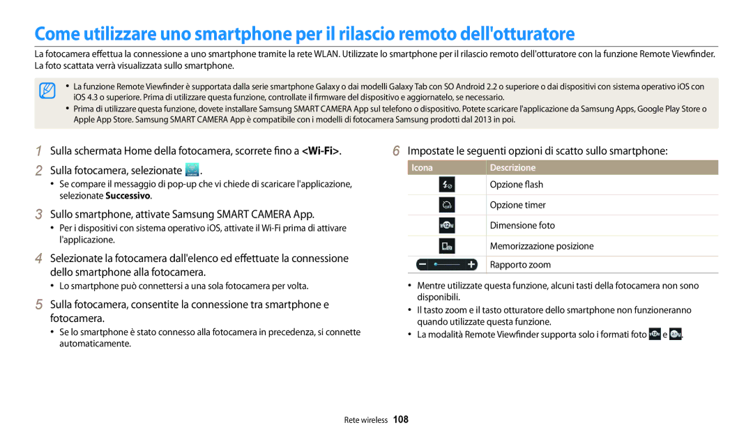 Samsung EC-WB30FZBPWE1 manual Impostate le seguenti opzioni di scatto sullo smartphone, Opzione flash, Opzione timer 