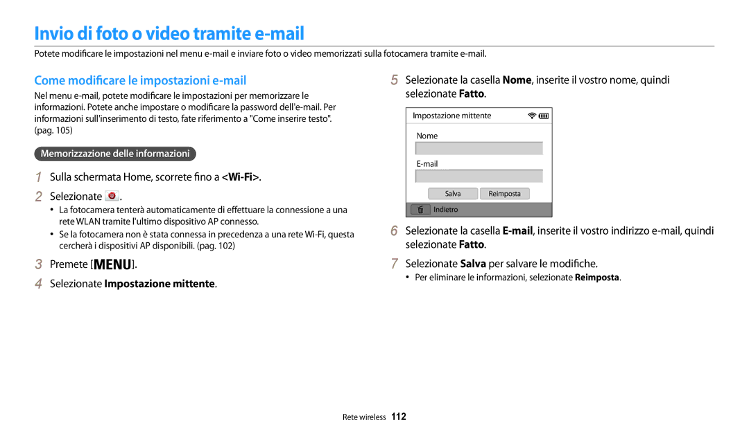 Samsung EC-WB30FZBPWE1, EC-WB30FZBPBE1 manual Invio di foto o video tramite e-mail, Come modificare le impostazioni e-mail 