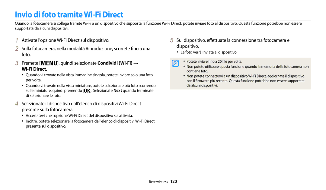 Samsung EC-WB30FZBPWE1, EC-WB30FZBPBE1 Invio di foto tramite Wi-Fi Direct, Premete, Quindi selezionate Condividi Wi-Fi→ 