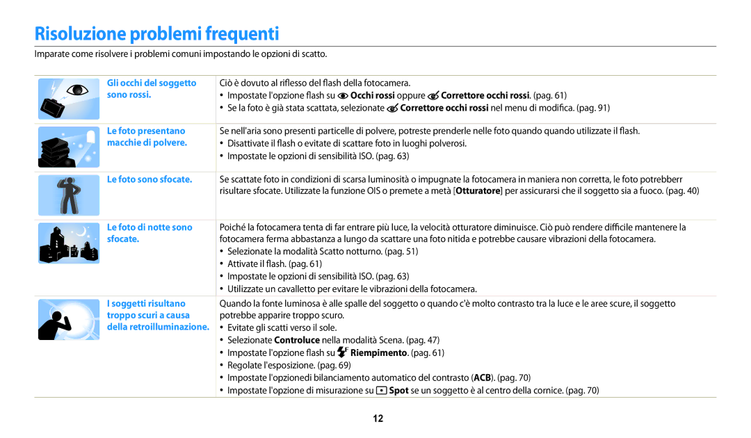 Samsung EC-WB30FZBPWE1 Risoluzione problemi frequenti, Occhi rossi oppure Correttore occhi rossi. pag, Riempimento. pag 