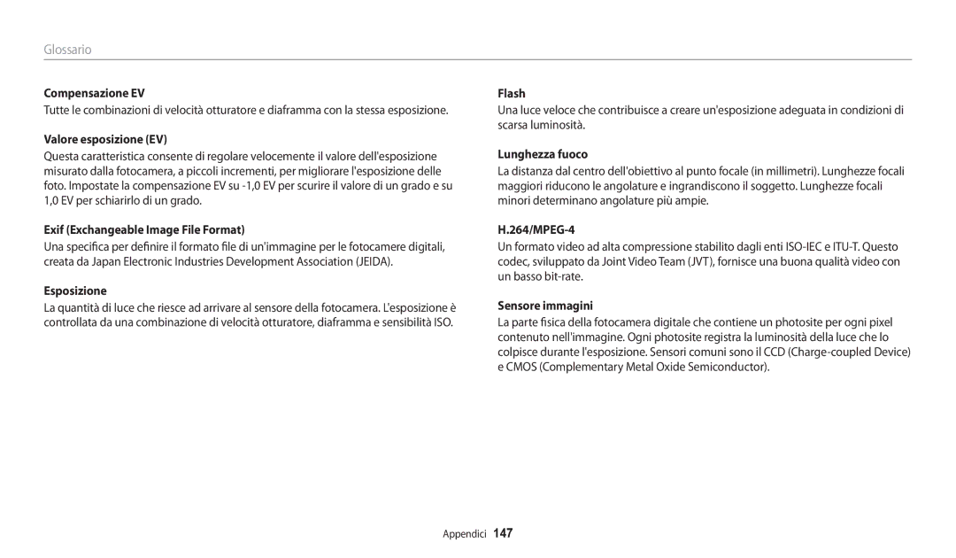 Samsung EC-WB30FZBPBE1 manual Compensazione EV, Valore esposizione EV, Exif Exchangeable Image File Format, Lunghezza fuoco 