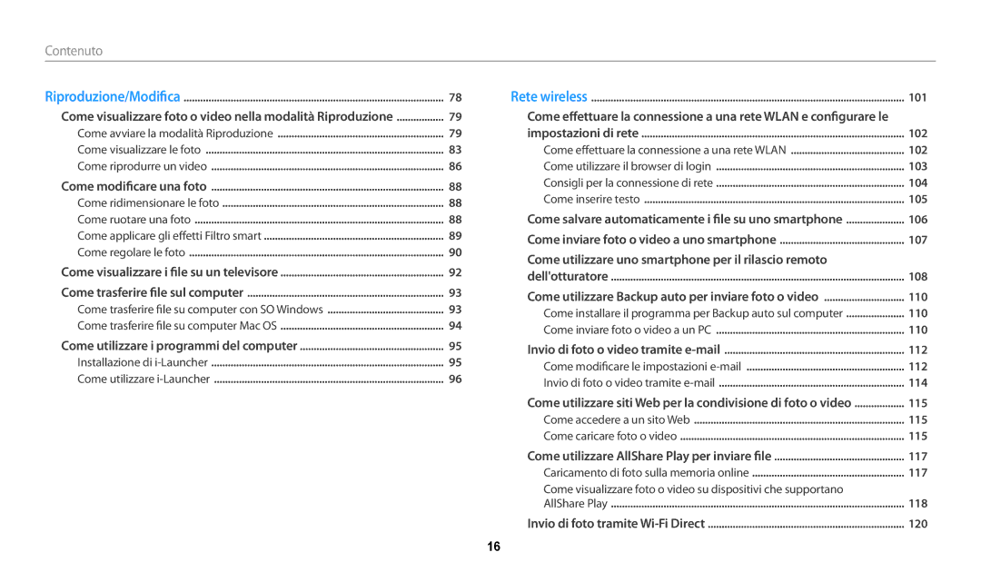 Samsung EC-WB30FZBPWE1, EC-WB30FZBPBE1 manual Contenuto﻿ 