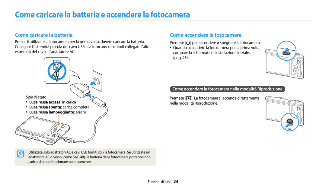 Samsung EC-WB30FZBPWE1, EC-WB30FZBPBE1 Come caricare la batteria e accendere la fotocamera, Come accendere la fotocamera 