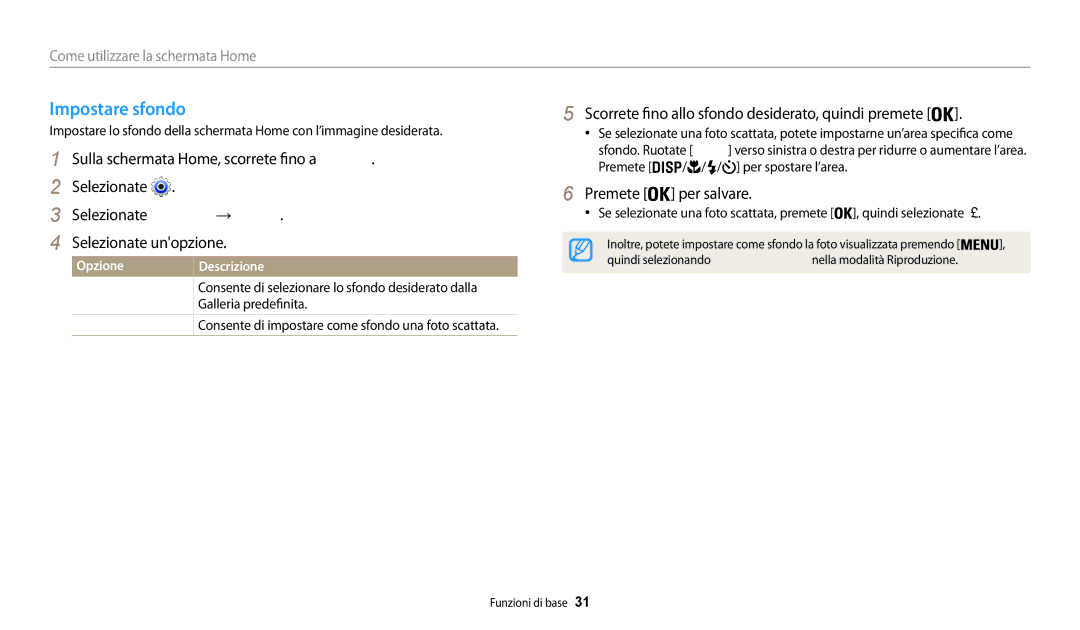 Samsung EC-WB30FZBPBE1 manual Impostare sfondo, Scorrete fino allo sfondo desiderato, quindi premete, Premete per salvare 