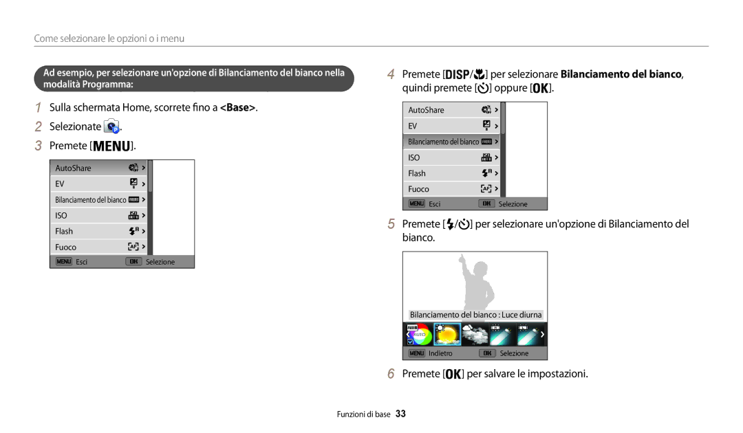 Samsung EC-WB30FZBPBE1, EC-WB30FZBPWE1 manual Selezionate Premete, Oppure, Per selezionare Bilanciamento del bianco 