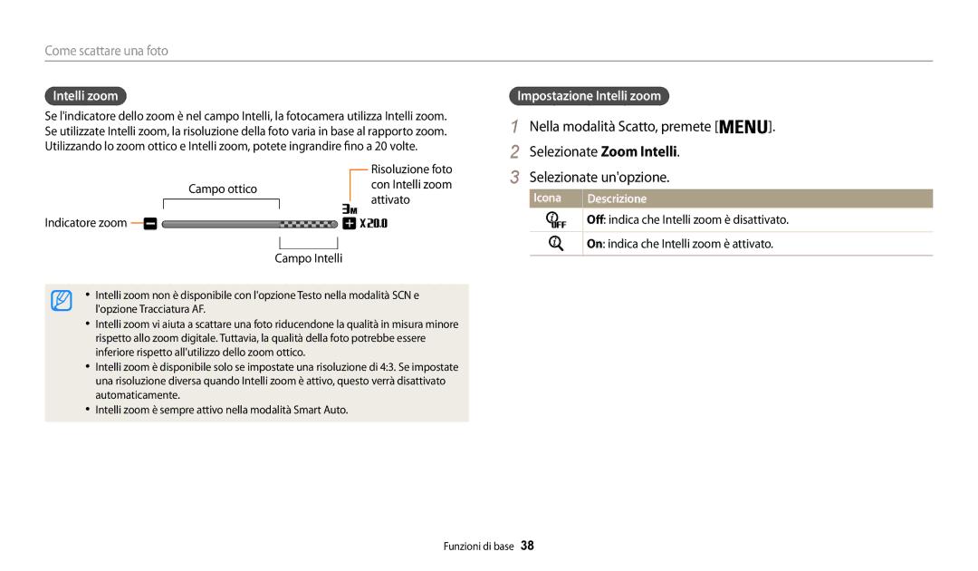 Samsung EC-WB30FZBPWE1 manual Nella modalità Scatto, premete Selezionate Zoom Intelli, Impostazione Intelli zoom 