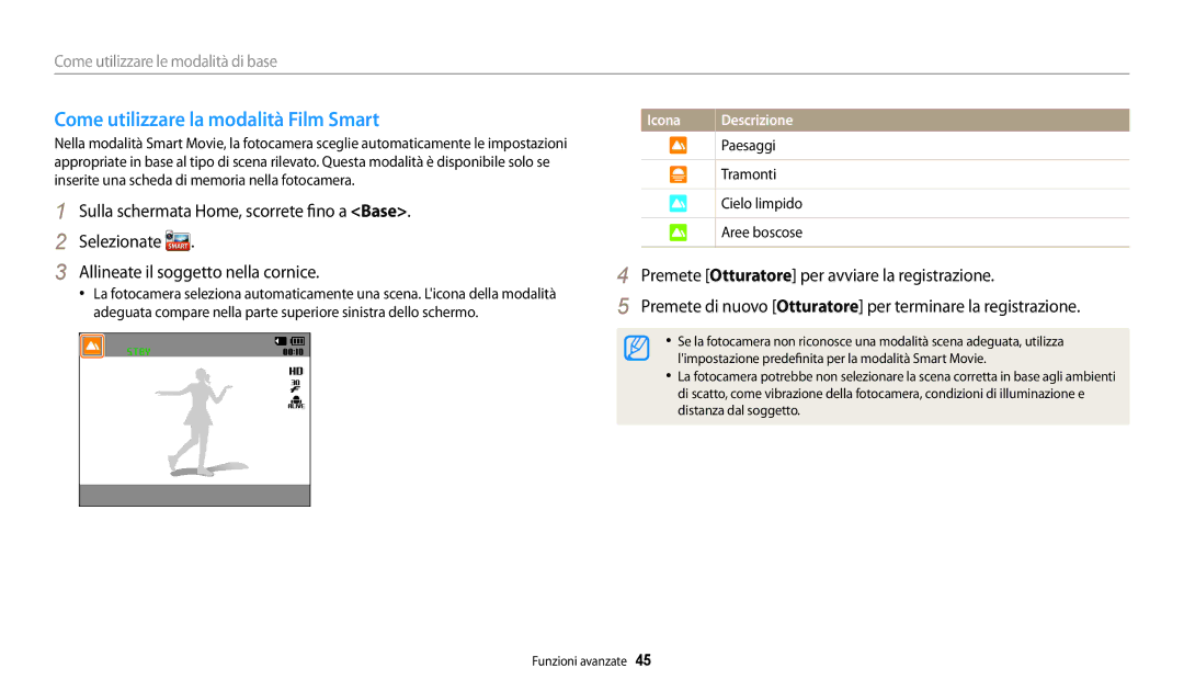 Samsung EC-WB30FZBPBE1, EC-WB30FZBPWE1 manual Come utilizzare la modalità Film Smart 