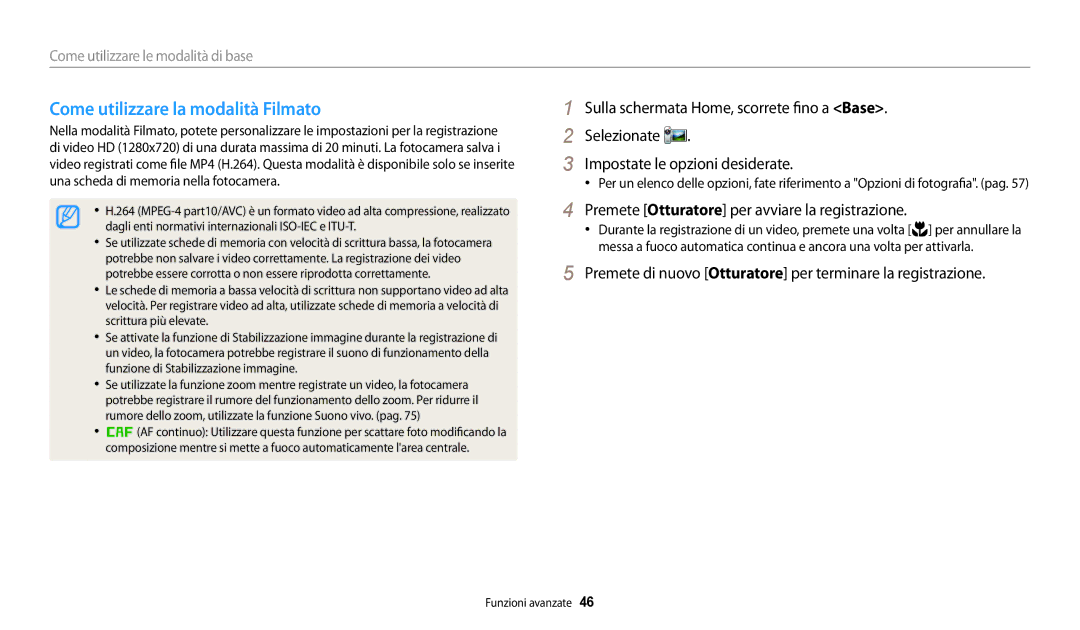 Samsung EC-WB30FZBPWE1 manual Come utilizzare la modalità Filmato, Premete Otturatore per avviare la registrazione 