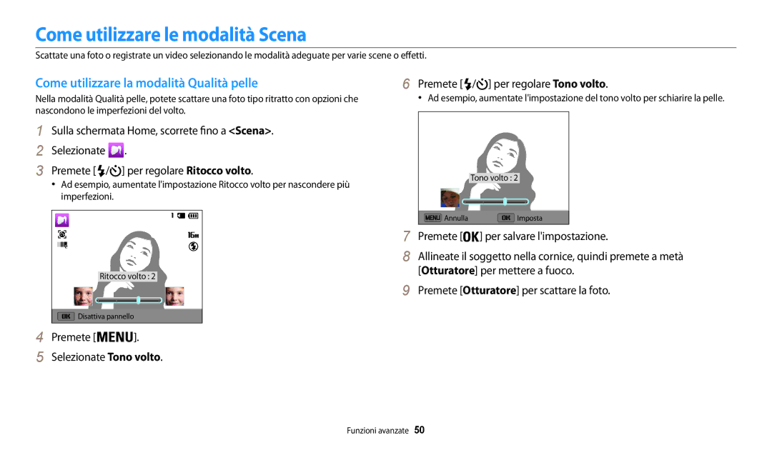 Samsung EC-WB30FZBPWE1, EC-WB30FZBPBE1 manual Come utilizzare le modalità Scena, Come utilizzare la modalità Qualità pelle 