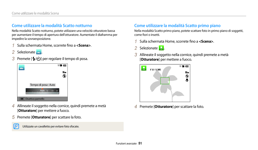 Samsung EC-WB30FZBPBE1 manual Come utilizzare la modalità Scatto notturno, Come utilizzare la modalità Scatto primo piano 