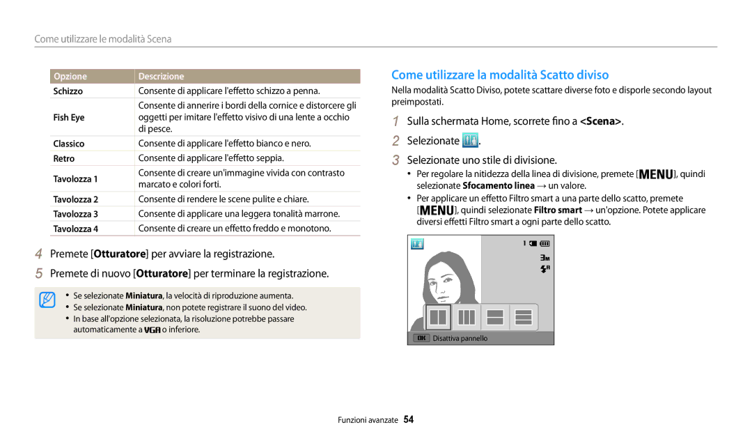 Samsung EC-WB30FZBPWE1, EC-WB30FZBPBE1 manual Come utilizzare la modalità Scatto diviso 