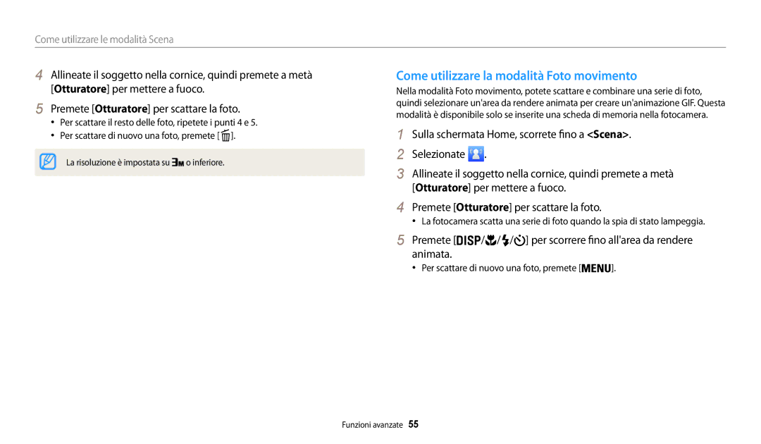 Samsung EC-WB30FZBPBE1, EC-WB30FZBPWE1 manual Come utilizzare la modalità Foto movimento, Animata 