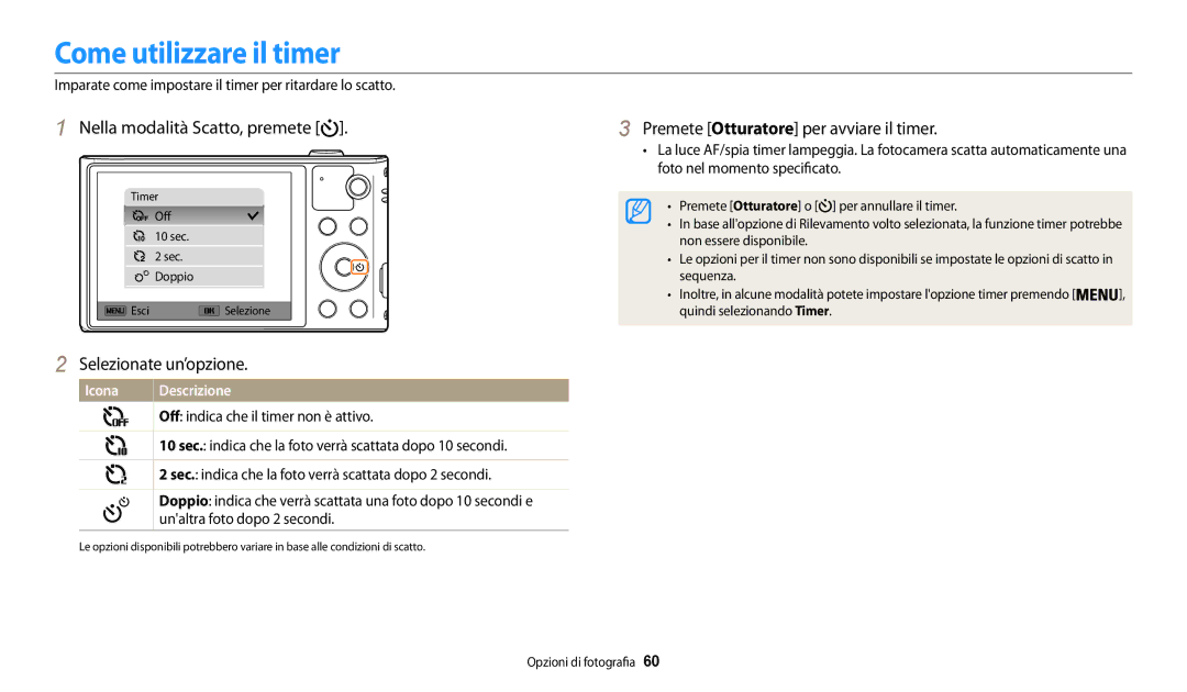 Samsung EC-WB30FZBPWE1 manual Come utilizzare il timer, Selezionate un’opzione, Premete Otturatore per avviare il timer 