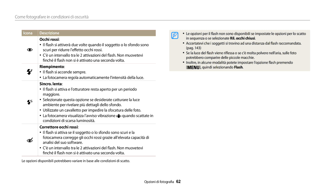 Samsung EC-WB30FZBPWE1, EC-WB30FZBPBE1 manual Icona, Occhi rossi, Riempimento, Sincro. lenta, Correttore occhi rossi 